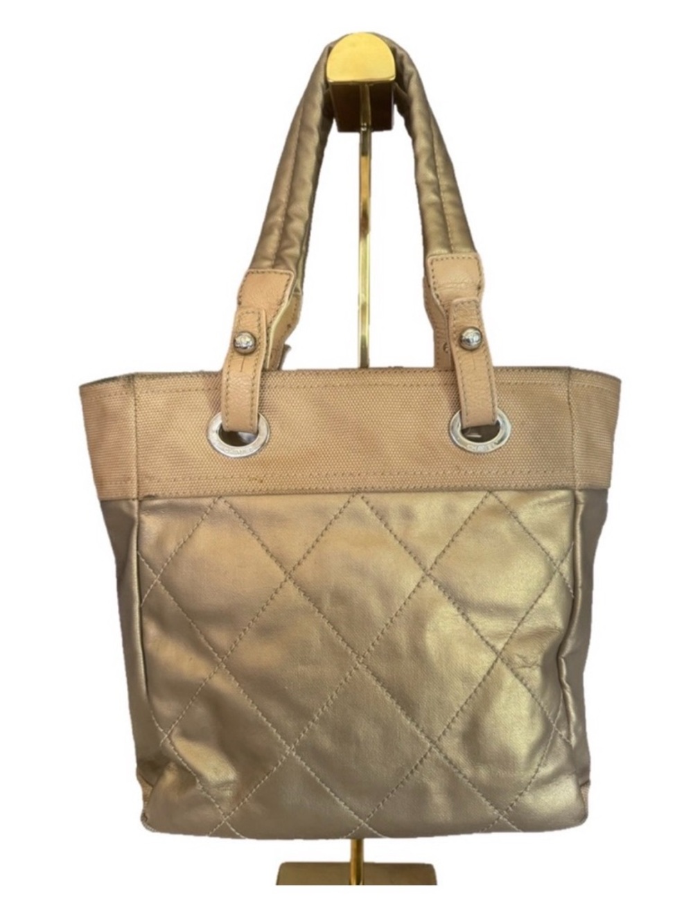 Chanel Paris-Biarritz Tote | Gold Nylon Canvas | CC Charm | Quilted - Picture 2 of 9